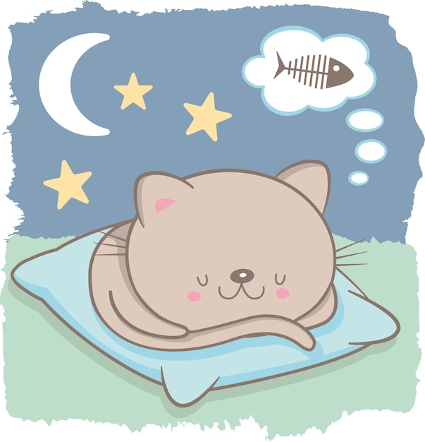 Vektor sleepink kätzchen süße kawaii zeichnung mit mond und sternen