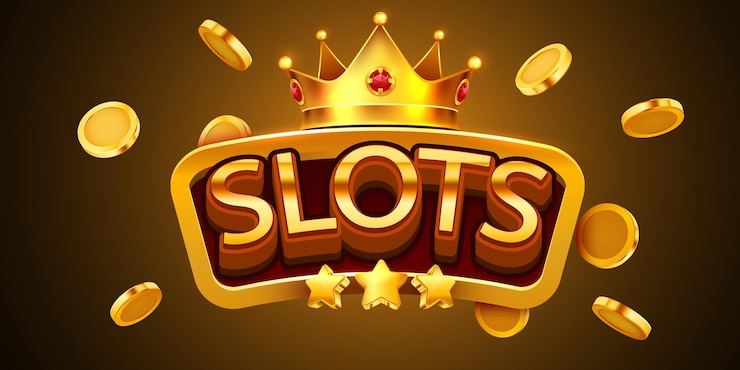 Vektor slots goldenes banner-zeichen mit goldenen buchstaben und krone