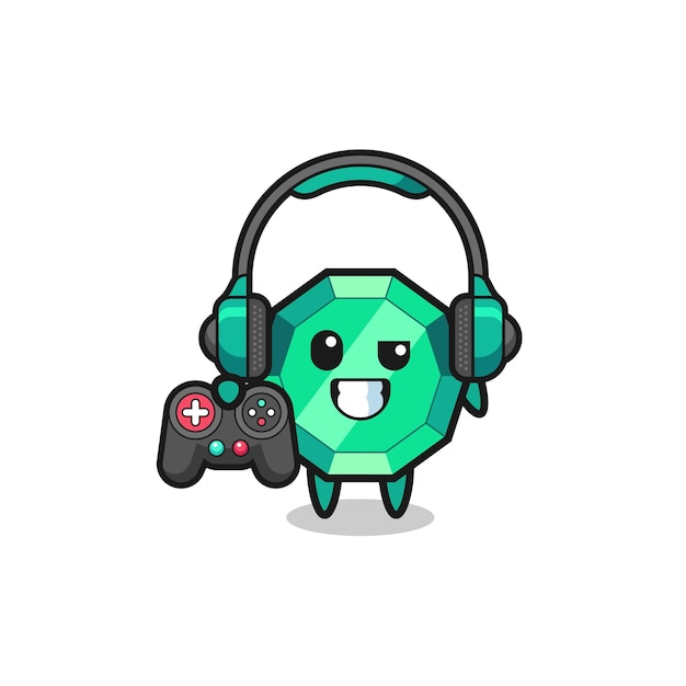 Smaragd-edelstein-gamer-maskottchen mit einem niedlichen game-controller-design