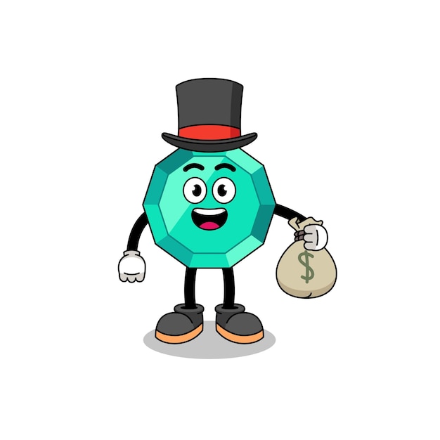 Smaragd-edelstein-maskottchen-illustration reicher mann, der einen geldsack hält