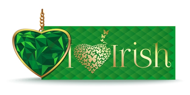 Vektor smaragdherz in einem goldenen rahmen auf dem hintergrund eines grünen banners mit der aufschrift i love irish vector illustration