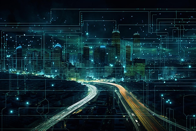 Smart-city-verbindung punktverbindung mit linien-netzwerk-technologie metaverse-konzept big data