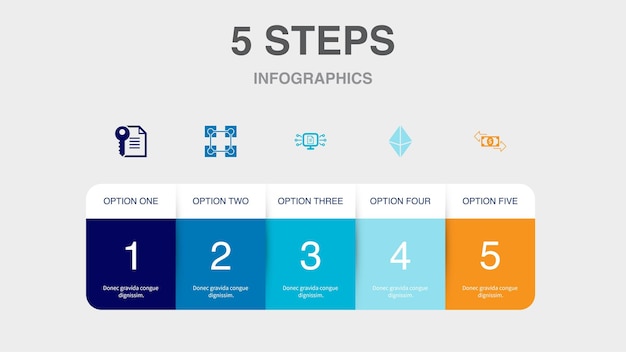 Smart Contract Blockchain-Protokoll Ethereum Transaktionssymbole Infografik-Designvorlage Kreatives Konzept mit 5 Schritten