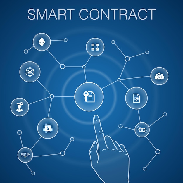 Smart contract-konzept, blauer hintergrund.blockchain, transaktion, dezentralisierung, fintech-symbole