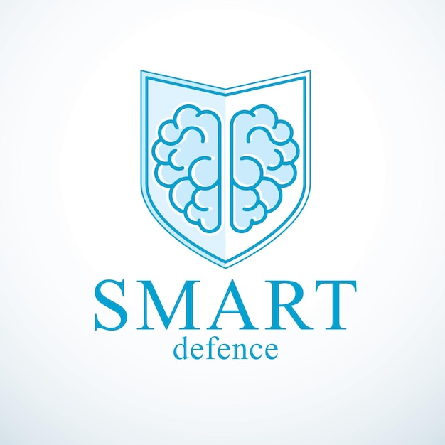 Smart defense, konzept des intelligenten software-antivirus oder der firewall. menschliches anatomisches gehirn, bestehend aus schutzmunitionsschild. vektorlogo oder symbolvorlage.