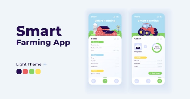 Smart farming app cartoon smartphone-schnittstellenvorlagen gesetzt. tagesmodus für bildschirmseiten der mobilen app. landwirtschaftliche felder details benutzeroberfläche für die anwendung. telefonanzeige mit abbildungen