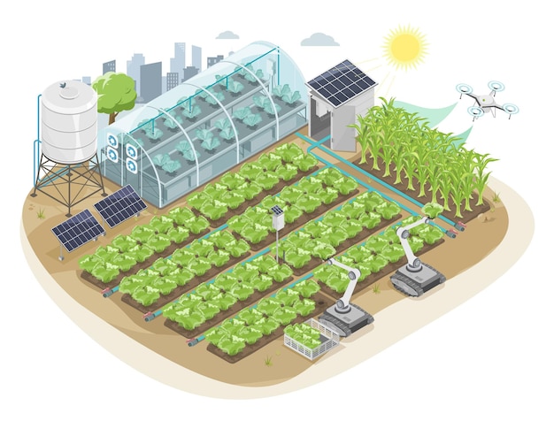 Smart Farming mit Solarpanel und Roboterkultivator und Drohnenfarm-Iot-Systemausrüstungsökologie