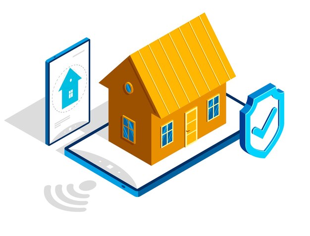 Vektor smart home iot konzept elektronik modernes haus vektor isometrische illustration, intelligente sicherheit, app entfernte automatisierte zukunftstechnologie.