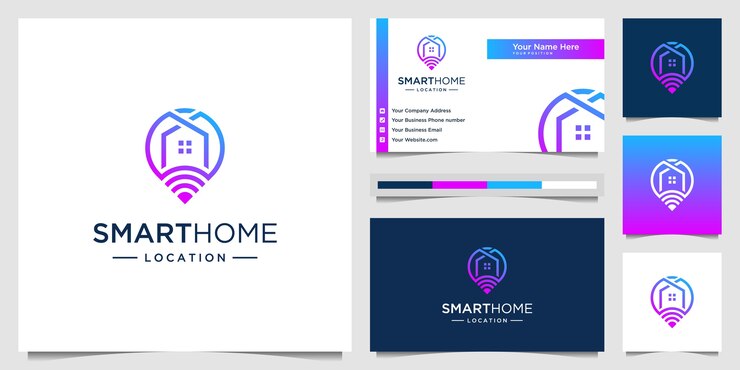 Smart Home mit kombinierter Karte und Verbindungslogo und Visitenkarte. Kreative Vorlagenlogo-Technologie.