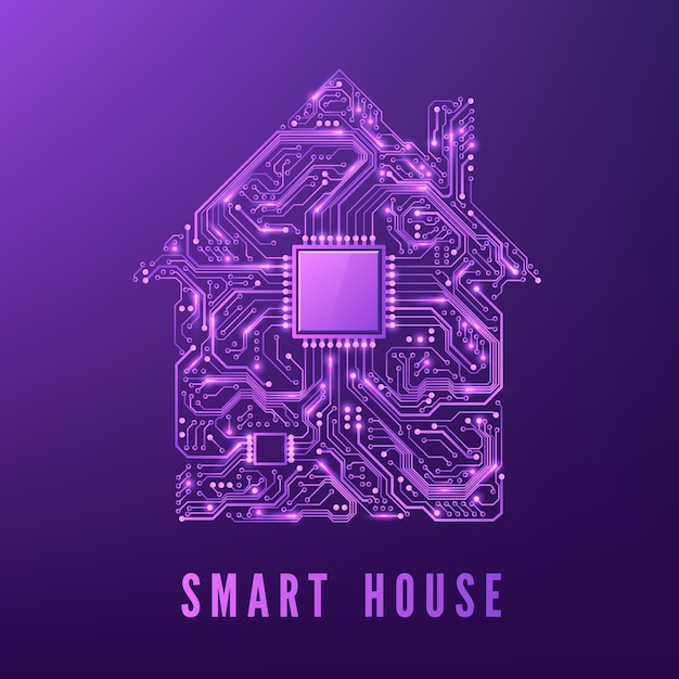 Smart home oder iot concept purple circuit house mit cpu