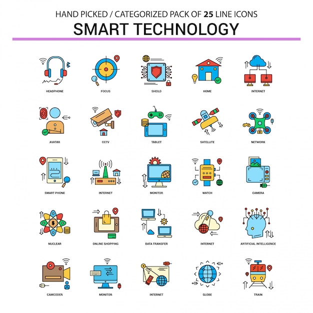 Smart technology flat line icon set