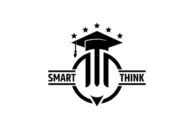 Smart think logo toga und bleistift mit fünf-sterne-dekoration, ideal für bildung, schule, universität und wissenschaft