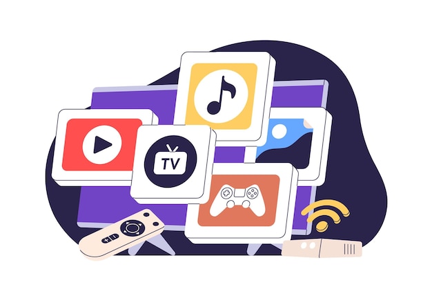 Vektor smart-tv-konzept multimedia-gerät hausgerät mit streaming-dienst-apps fernseh-anwendungen für online-unterhaltung durch abonnement flachvektor-illustration isoliert auf weißem hintergrund