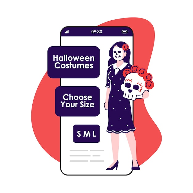 Smartphone-app-bildschirm für halloween-kostüme. handy-displays mit comicfiguren-design-mockup. skelett anzug. kleidung zu vermieten. telefonschnittstelle der online-shop-anwendung