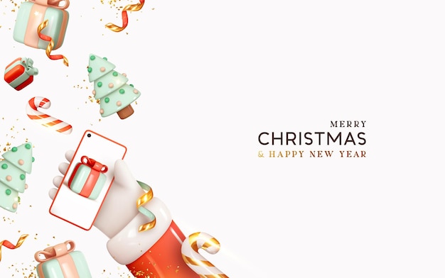Smartphone-attrappe mit weihnachtlichem dekorationsobjekt. mobiler bildschirm zur präsentation von bewerbungen, online-internetshops, werbeaktionen für feiertage, neujahrs-promo-vorlage. top-falleffekt