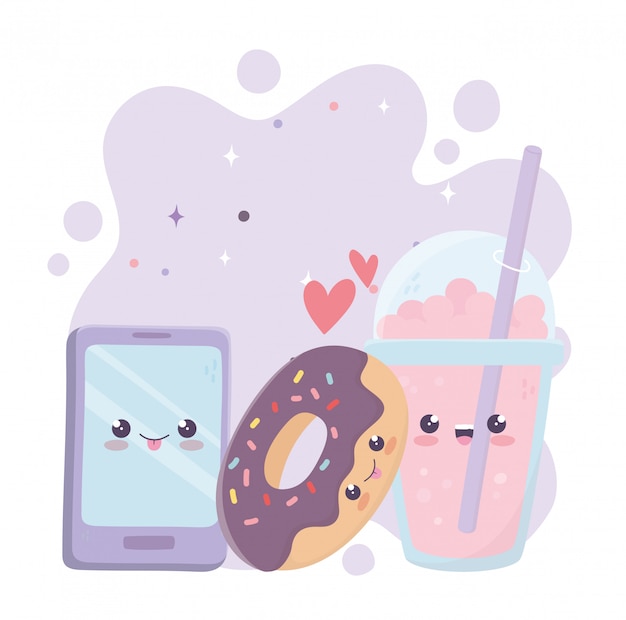 Smartphone donut und kawaii zeichentrickfigur