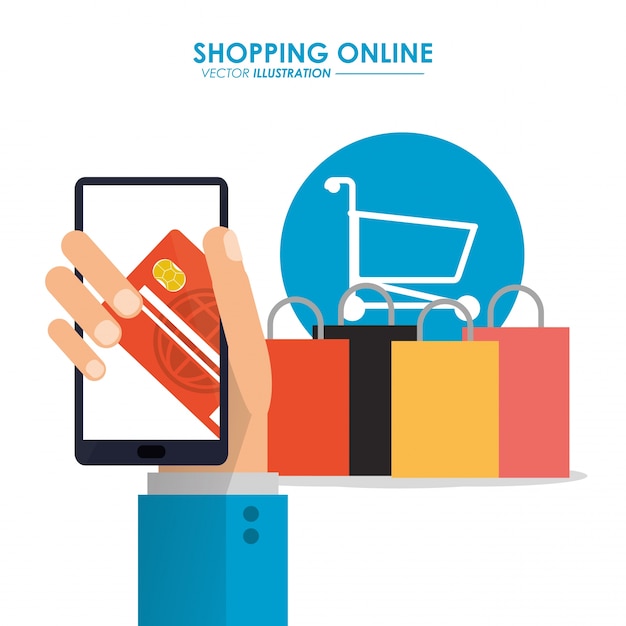 Smartphone, Einkaufswagen und Tasche