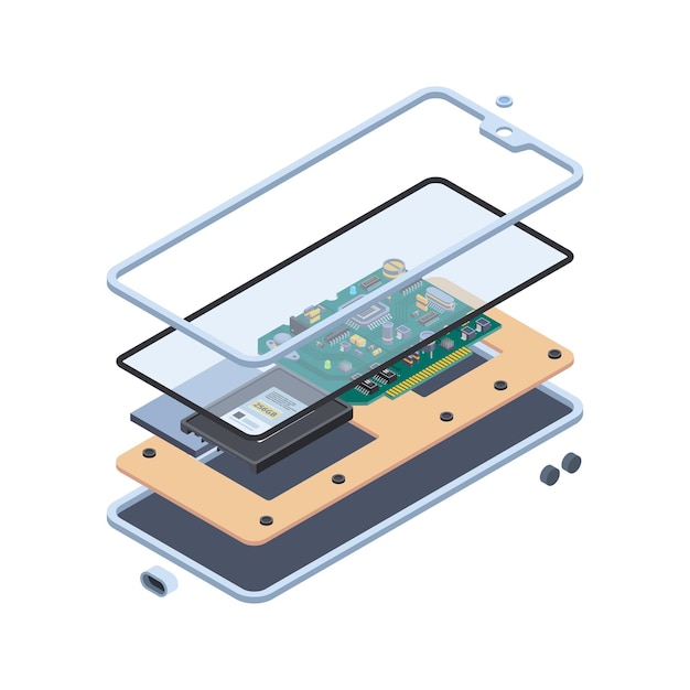 Smartphone-Hardware. Isometrische Schichten von Touchscreen-Gadgets oder Tablet-PC-Motherboard-Handyvektor-Reparaturservice-Konzept. Smartphone-Hardware, Innovationsillustration für Bildschirmausrüstung