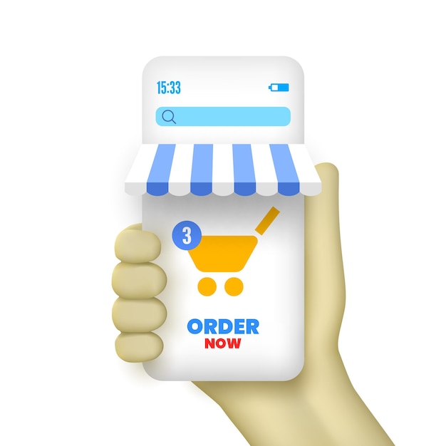 Smartphone in der Hand mit Visier und Einkaufskorb im minimalistischen 3D-Cartoon-Design Online-Shop-Banner