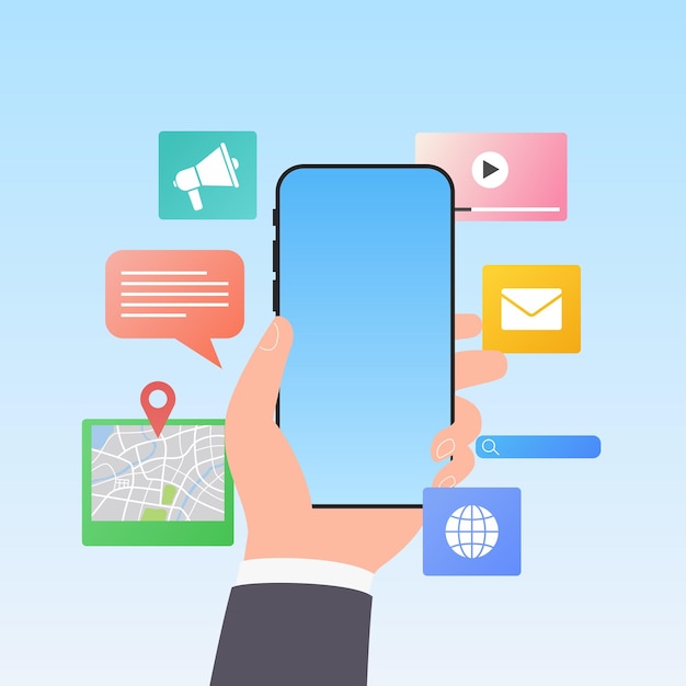 Smartphone in der Hand, umgeben von Social-Media-Apps-Ikonen
