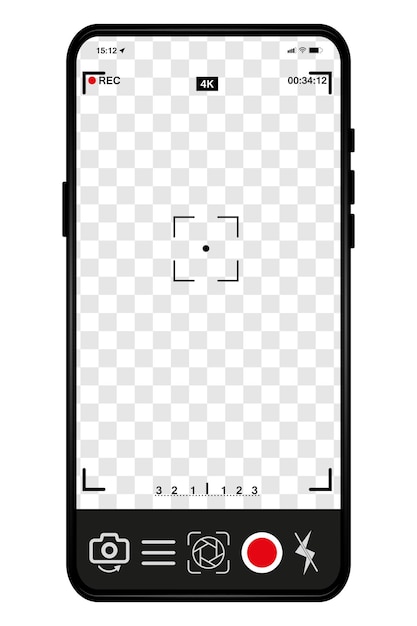 Smartphone-kameraschnittstelle video- und fotoaufzeichnung von mobilen anwendungen anwendung zum anzeigen des telefons auf dem bildschirmsucher die schaltflächen der schwarzen bildschirmschnittstelle vektorillustration