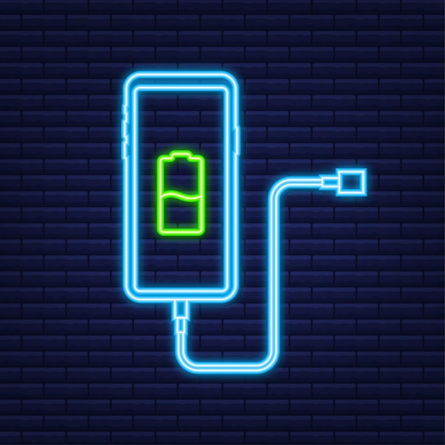 Vektor smartphone-ladeadapter und steckdose, benachrichtigung bei schwachem akku. neon-symbol. vektor-illustration.