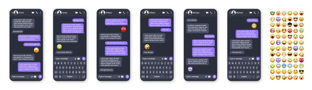 Smartphone-Messaging-App-Benutzeroberfläche mit Emoji-SMS-Textrahmen Chat-Bildschirm violette Nachrichtenblasen