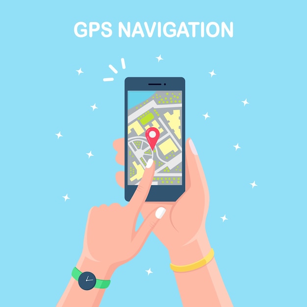 Smartphone mit gps-navigations-app, tracking. handy mit kartenanwendung