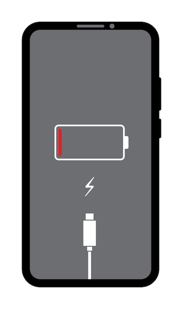 Vektor smartphone mit niedrigem batterie-symbol auf dem bildschirm und batterieladekabel ist angeschlossen vector-design