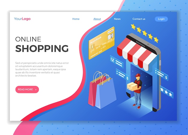 Smartphone mit Online-Shop, Lieferung, Kurier. Internet-Shopping und Online-Lieferkonzept. Isometrische Symbole. Zielseitenvorlage.