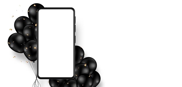 Smartphone mit schwarzen luftballons auf weißem hintergrund