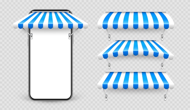 Smartphone mit Shop-Sonnenschutz und Metallhalterung, Online-Internet-Shopping, realistisches blau gestreiftes Café