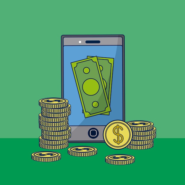 Smartphone mit virtuellem geldvektor-illustrationsgrafikdesign