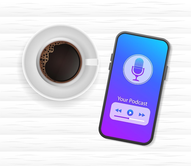 Smartphone-podcast-kaffee-flatlay modernes mobiles app-benutzeroberflächenkonzept medientechnologie