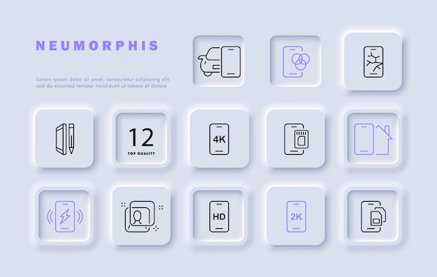 Smartphone-Set-Linie-Symbol HD 2k-Qualität SIM-Karte Stift Auto-Gadget-Kontakte Ladegerät Neomorphismus-Stil Vektor-Linien-Ikonen für Unternehmen und Werbung