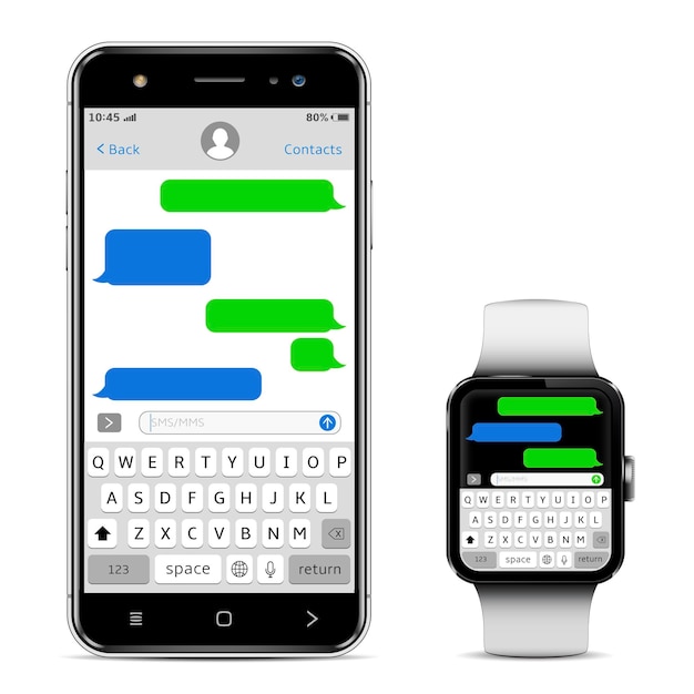 Vektor smartphone und smartwatch mit sms-chat