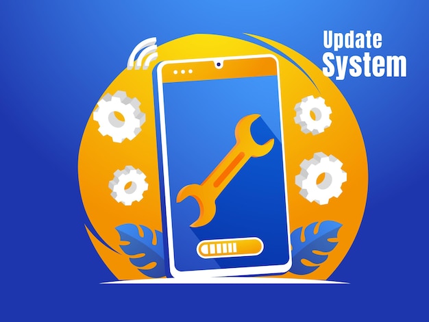 Vektor smartphone-update-system mit schraubenschlüssel-symbol