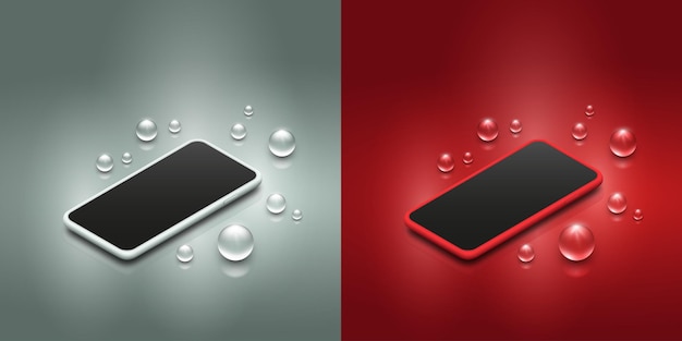 Smartphones mockup set isometrisches design für app-präsentation. silbernes und rotes vektorhandy.