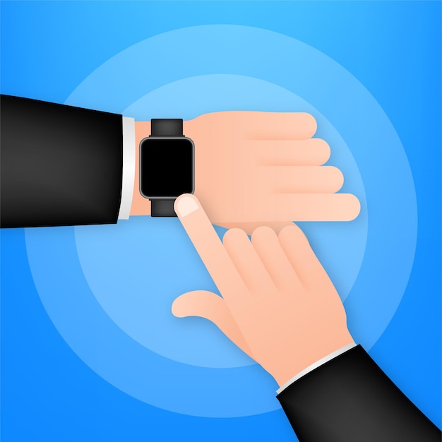 Smartwatch auf der hand. konzept tragbare technologie. zeiteinteilung. vektorgrafik auf lager