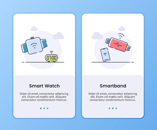 Smartwatch- und smart-band-onboarding-vorlage für mobile ui-app-design-vektorillustration