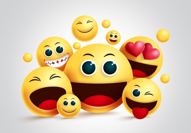 Smiley-emoji-gruppenvektordesign emojis gelbes smiley-gesicht von freunden glücklich zusammen mit gesichtsbehandlung