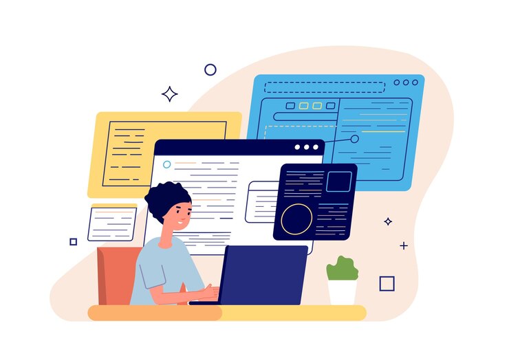 Vektor smm-manager. social media marketing, freiberuflicher content manager veröffentlichen neue beiträge. geschäftsfrau, strategieanalyse-management-vektor-konzept. vektor-marketing-inhalte, social-business-illustrationen