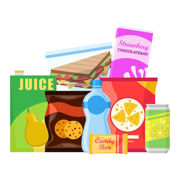 Snack-Produkt-Set Fast-Food-Snacks-Getränke Nüsse Chips Cracker Saft-Sandwich isoliert auf weißem Hintergrund Ungesundes Junk-Food flache Illustration in Vektor