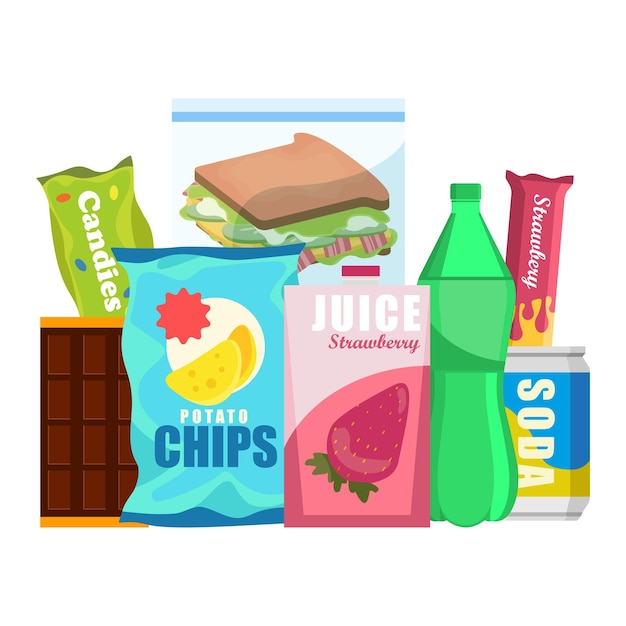 Snack-produkt-set fast-food-snacks-getränke nüsse chips cracker saft-sandwich isoliert auf weißem hintergrund ungesundes junk-food flache illustration in vektor
