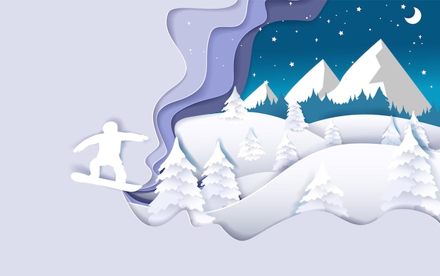 Vektor snowboard-poster-banner-vorlage. geschichteter papierschnitt-stil, berglandschaft, verschneite hänge, snowboarder-silhouette und kopierraum. extremer wintersport