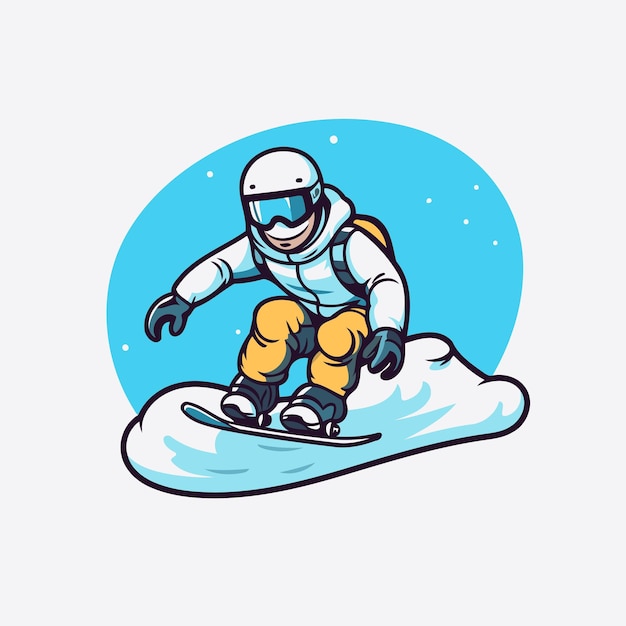 Snowboarder mit helm und schutzbrille fährt auf einem snowboard vektorillustration