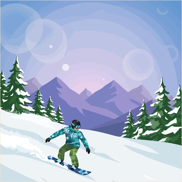 Snowboarding auf einem schneebedeckten Hügel mit geometrischem Hintergrund