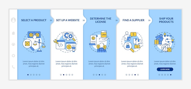 So starten sie das exportgeschäft blau-weiß-onboarding-vorlage responsive mobile website mit linearen konzeptsymbolen webseiten-komplettlösung bildschirme mit 5 schritten latobold reguläre schriftarten werden verwendet
