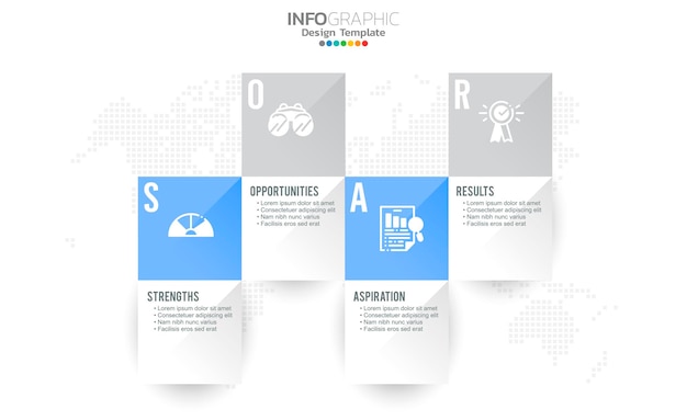 Soar-banner-infografik für geschäftsanalyse, stärke, chancen, bestrebungen und ergebnisse.