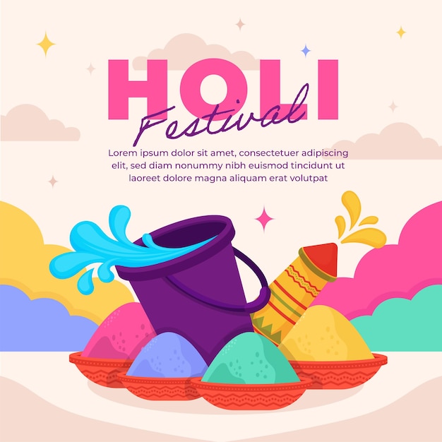 Social-media-beitrag zur illustration des flachen holi-festivals